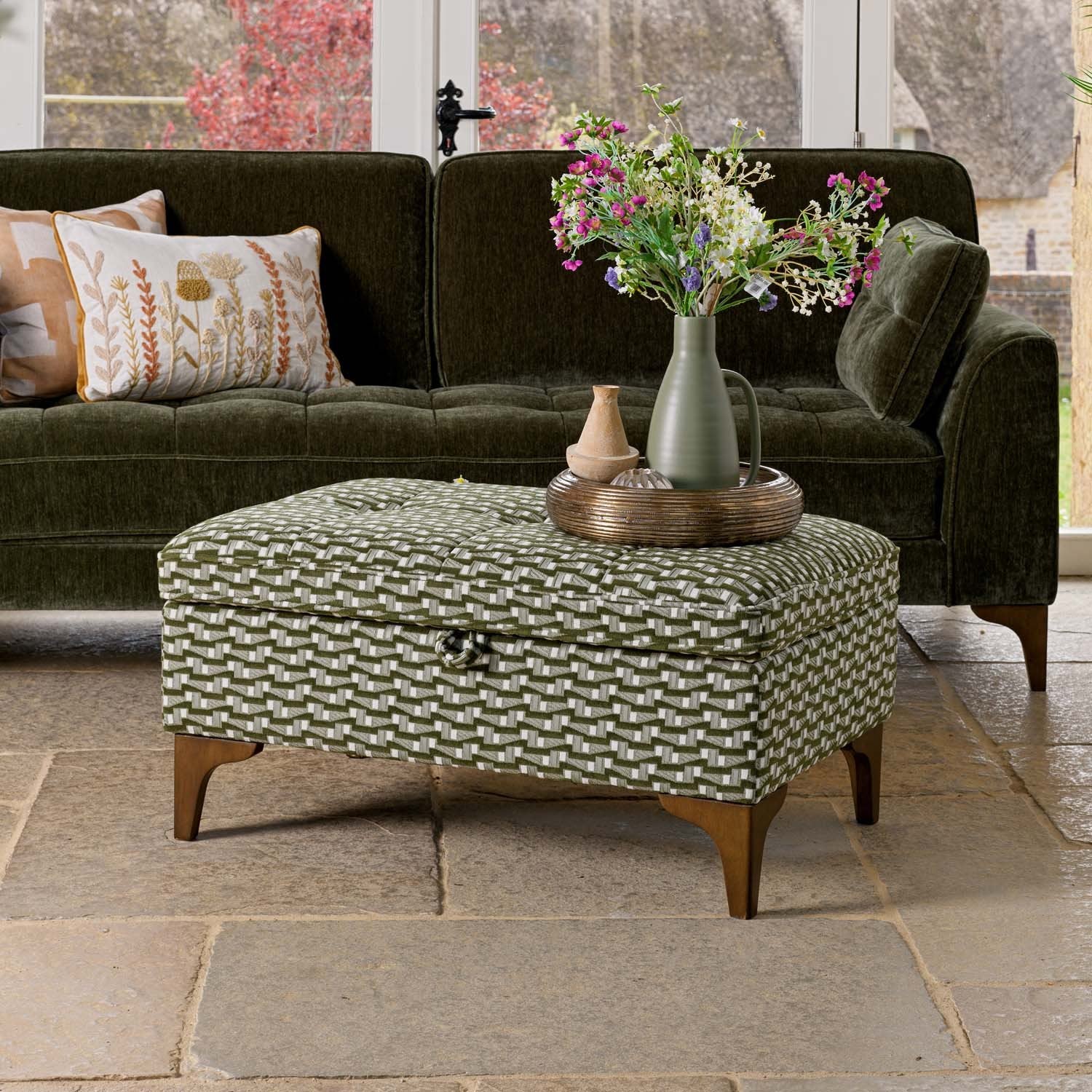 Hartpury Storage Ottoman in Green Maze