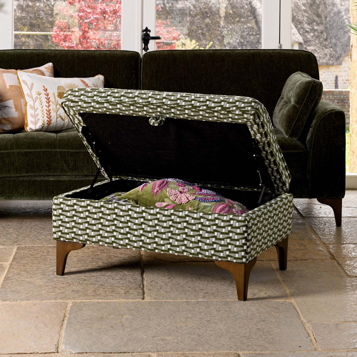 Hartpury Storage Ottoman in Green Maze