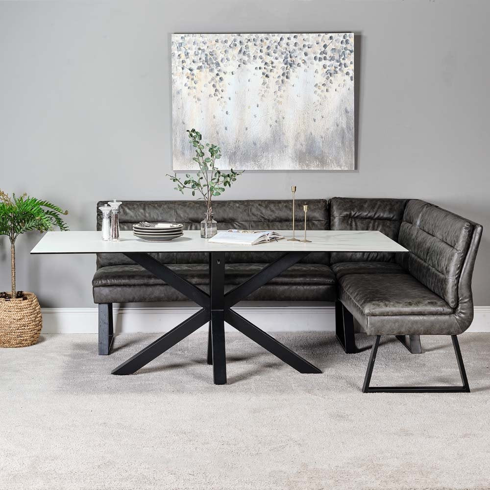 Eastcote White Dining Table 200cm and Industrial Corner Bench Grey