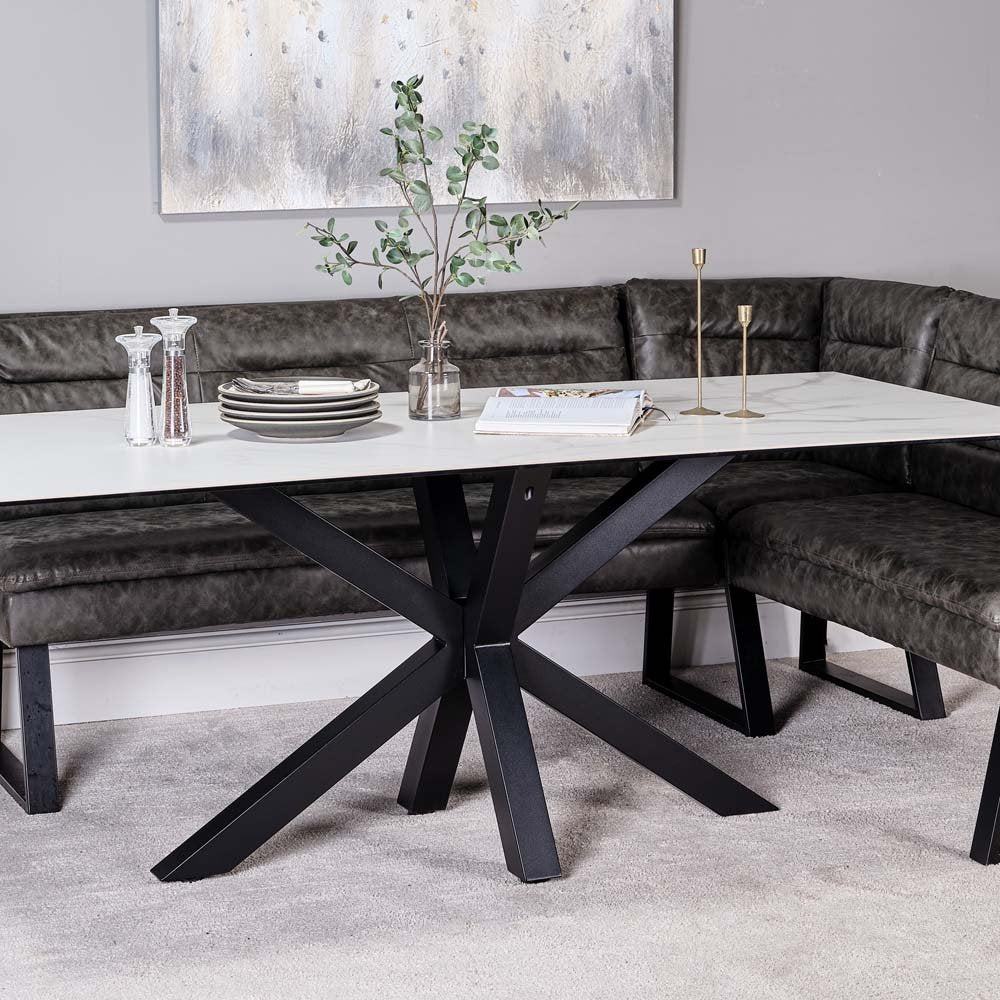 Eastcote White Dining Table 200cm and Industrial Corner Bench Grey