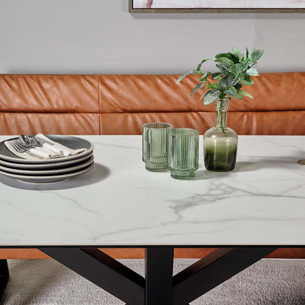 Eastcote White Dining Table 200cm and Industrial Tan Corner Bench