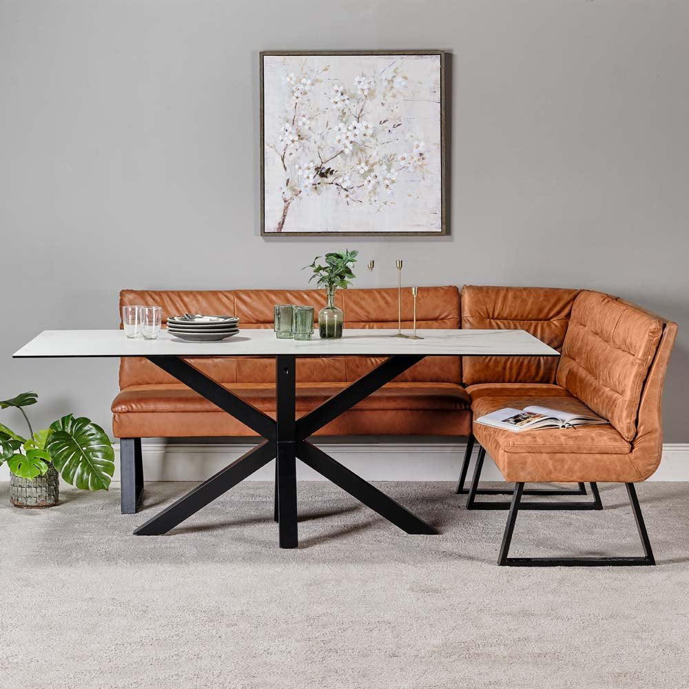 Eastcote White Dining Table 200cm and Industrial Tan Corner Bench