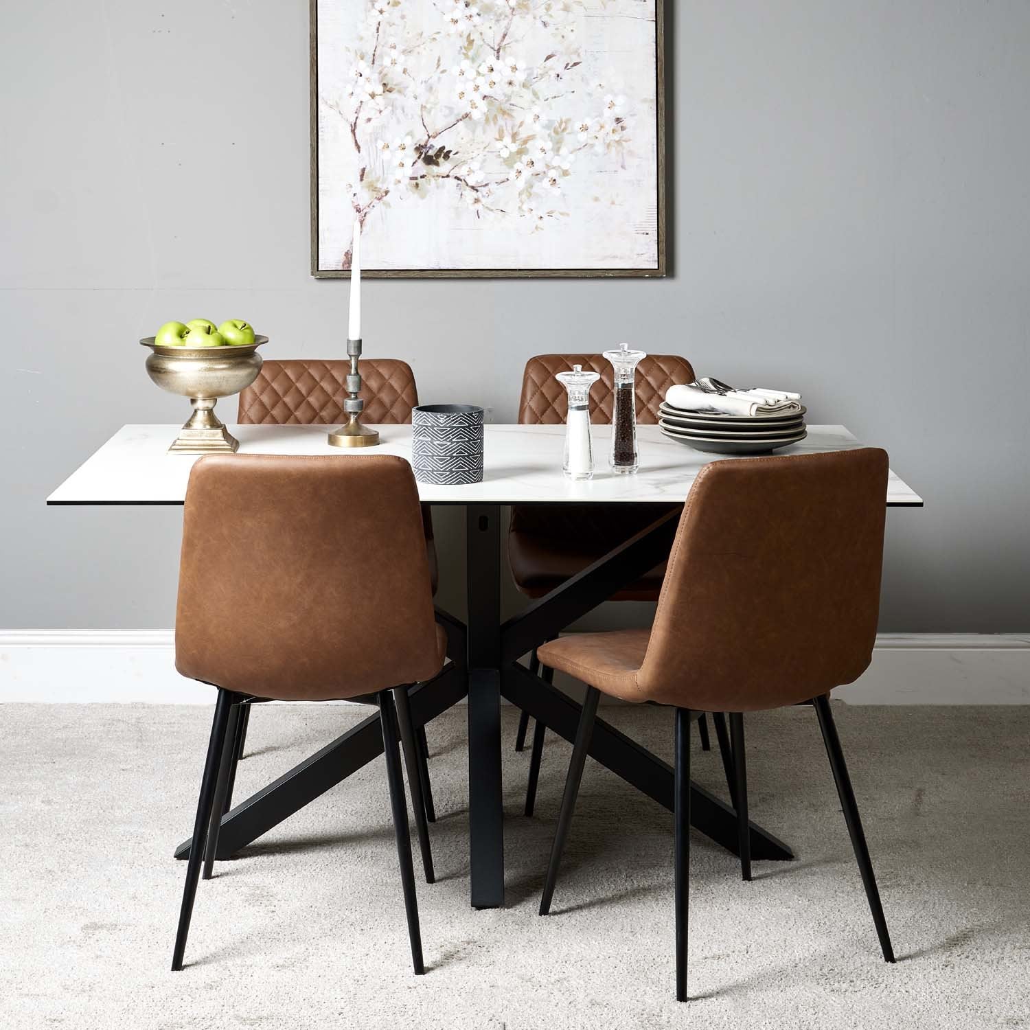 Eastcote White 150cm Dining Table & 4x Ripley Dining Chairs Tan