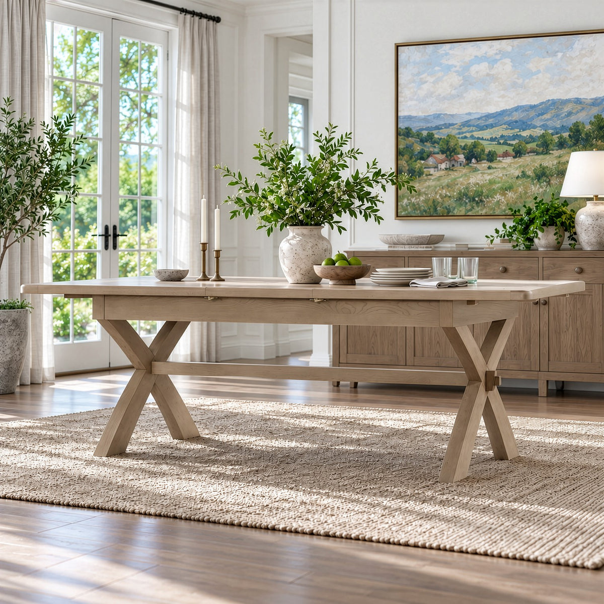 A light natural wood dining table with an X-shaped base and a matching sideboard in a bright, modern dining room. The table is styled with green plants in ceramic vases, candles, and a bowl of fruit, set on a textured beige rug.
