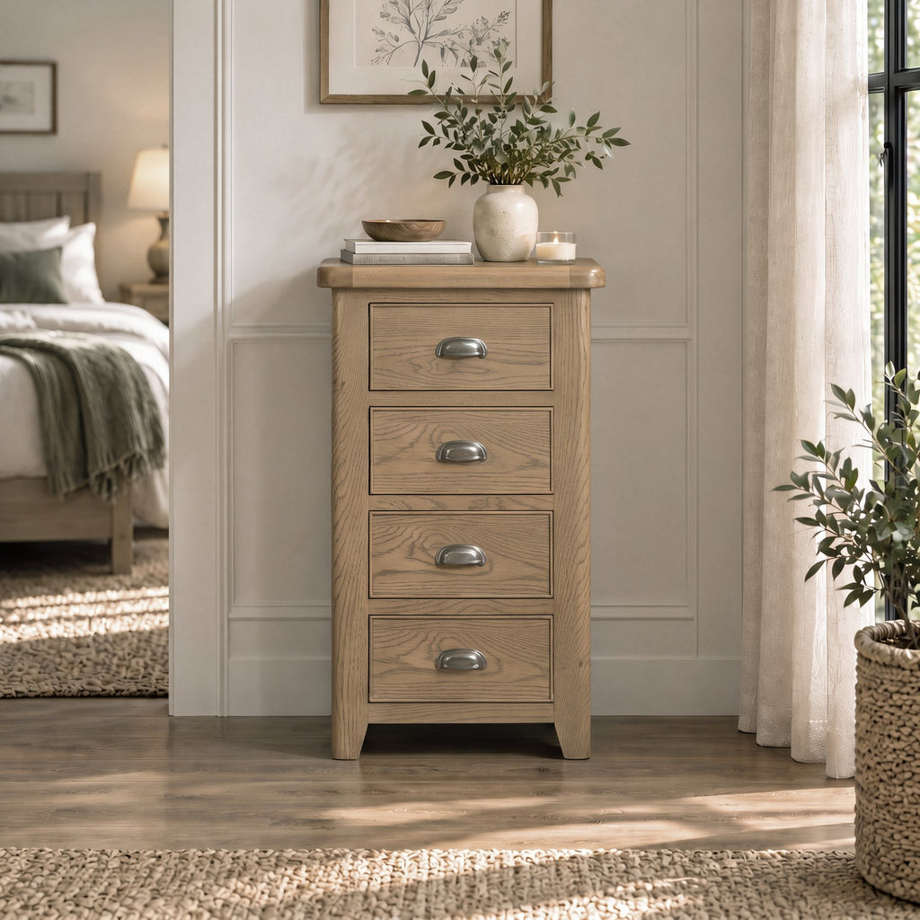 four drawer tall boy chest of drawers in oak