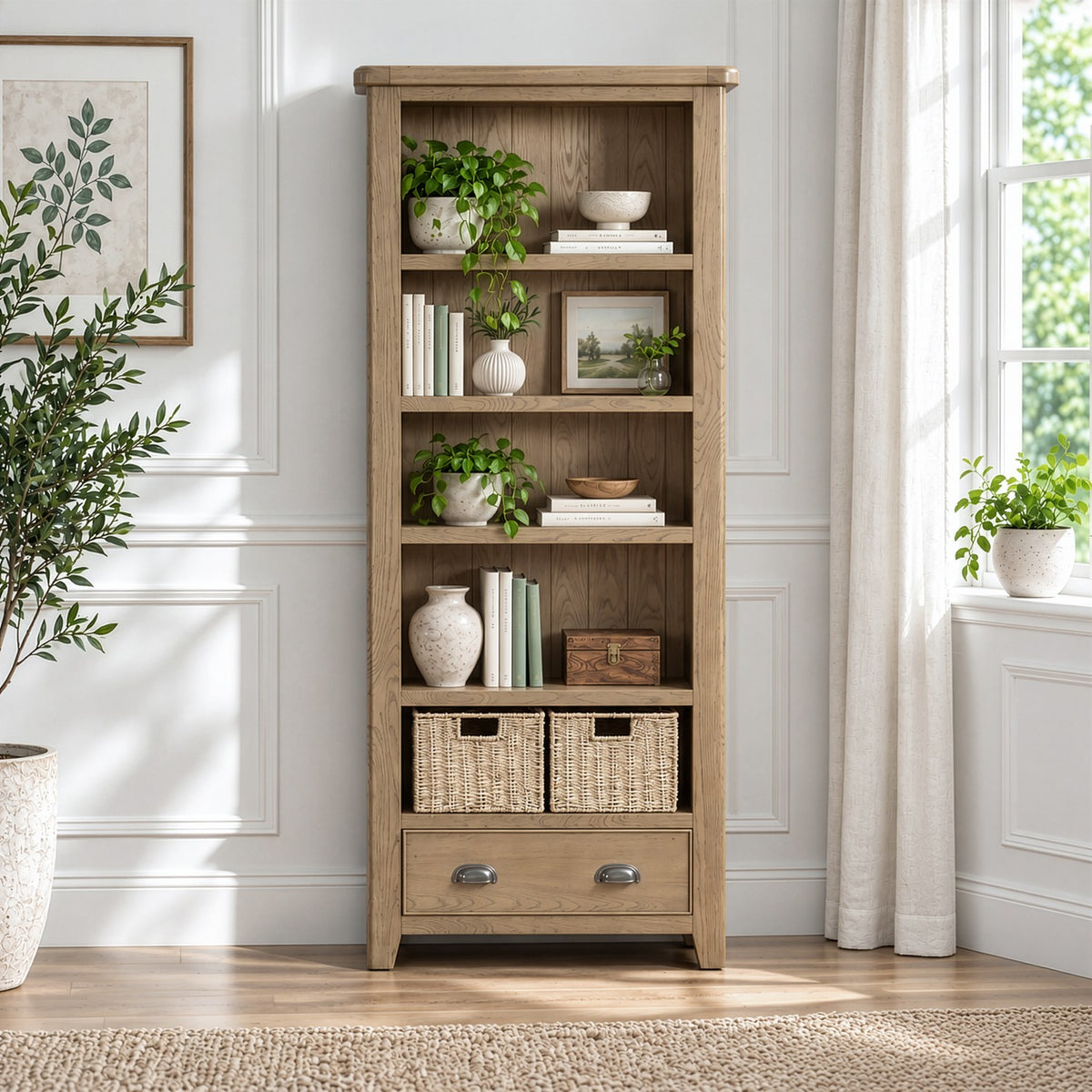 A tall, rustic five-shelf wooden bookcase with a single drawer at the bottom, styled with books, potted plants, and wicker baskets in a bright, modern room.
