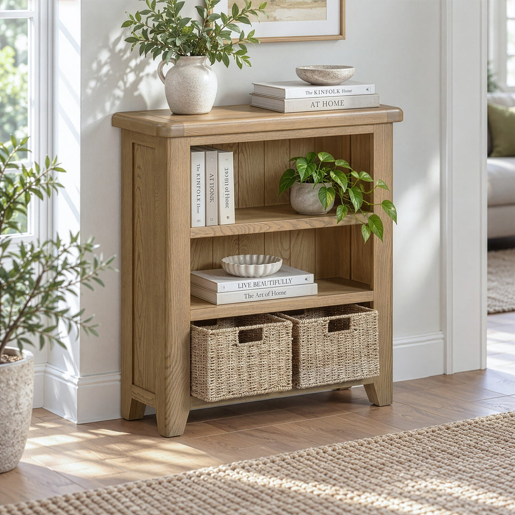 A light oak wood three-tier bookcase with two woven storage baskets on the bottom shelf, styled with books, potted plants, and a vase in a bright room.