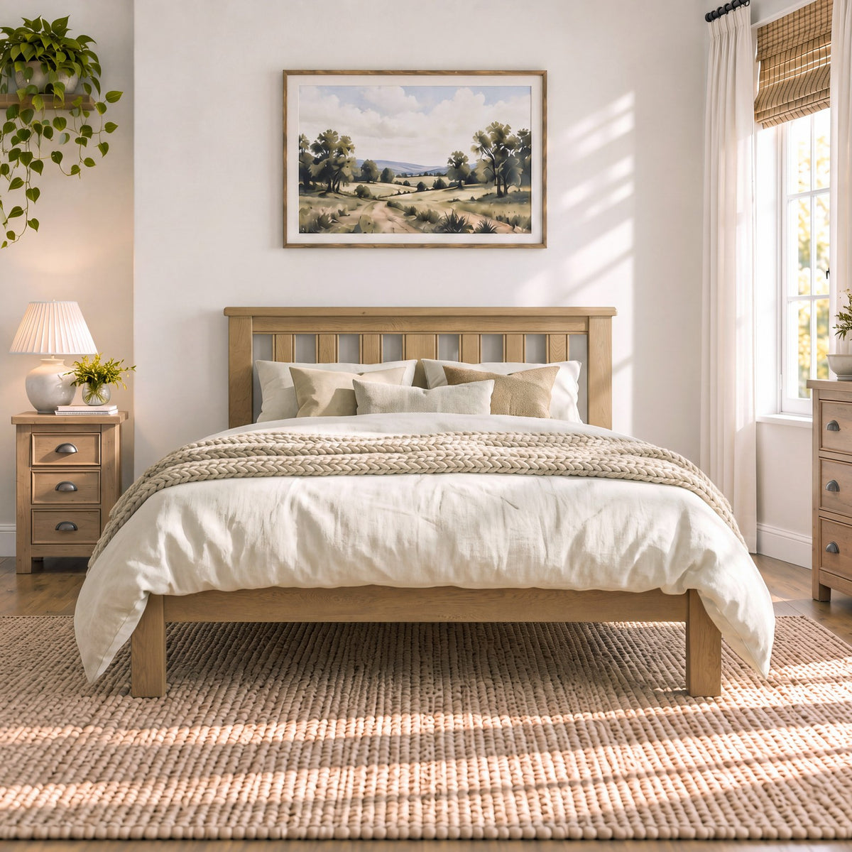 A light natural wood bed frame with a slatted headboard, styled with white and beige bedding, set in a bright, modern bedroom with a woven rug, wooden nightstands, and a framed landscape painting on the wall.