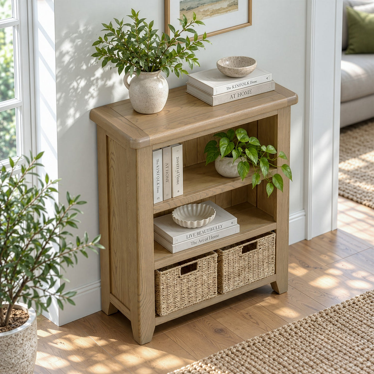 Bridport Low Wide Bookcase with Baskets
