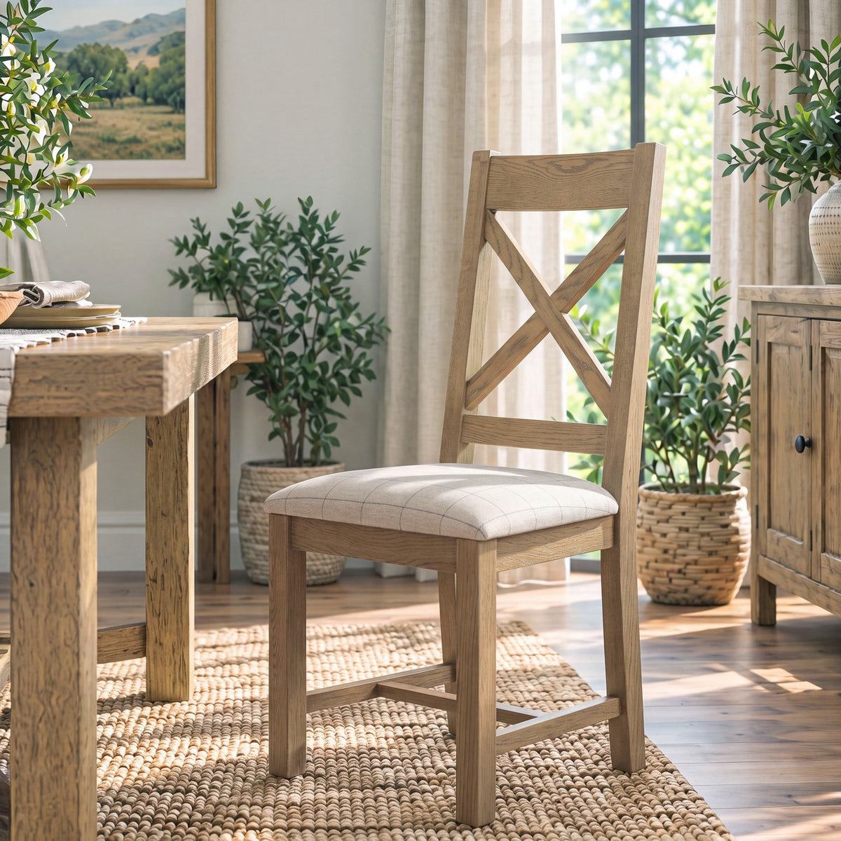 A light natural wood dining chair with a cushioned seat and crossed backrest slats, shown in a bright dining room setting next to a wooden table.