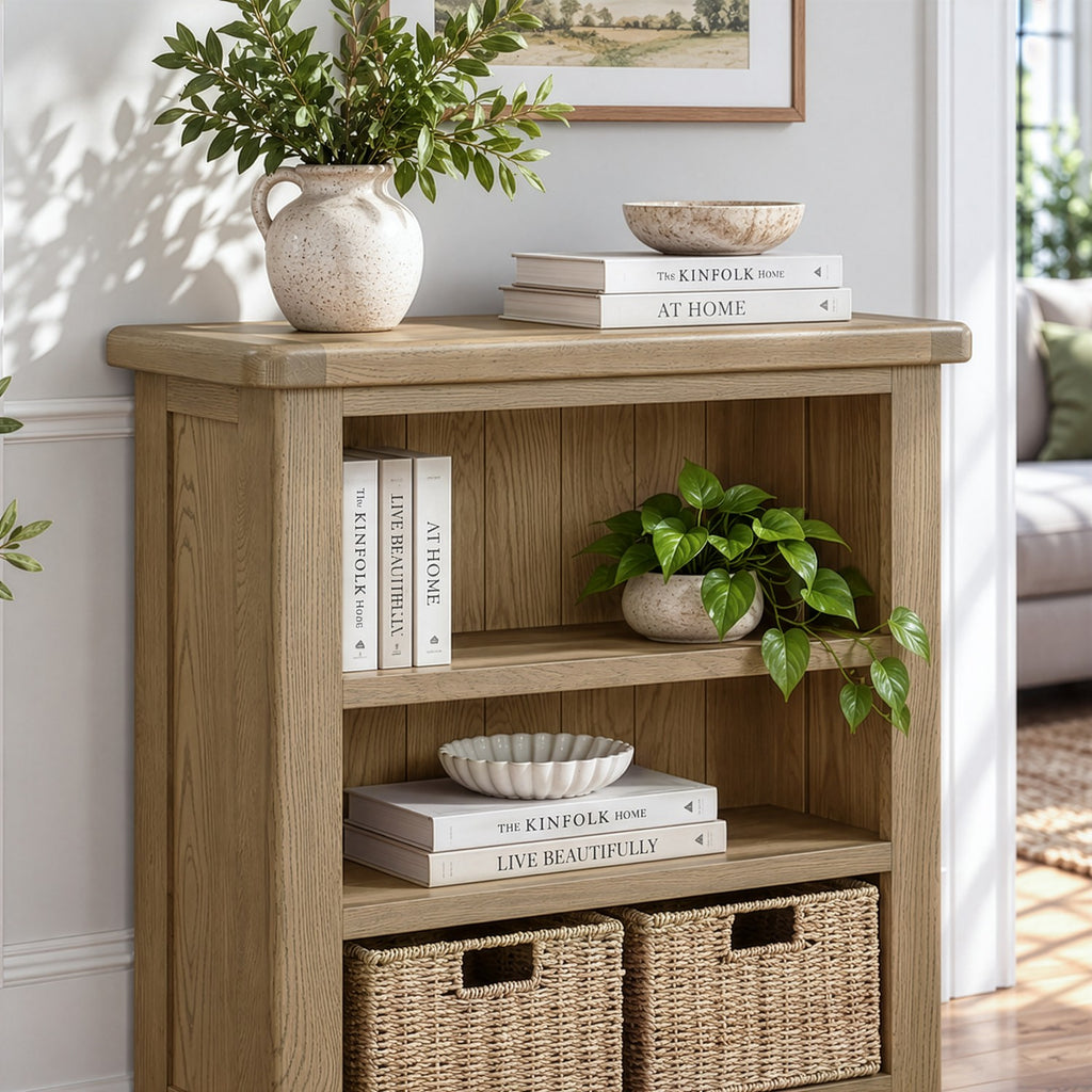 Bridport Low Wide Bookcase with Baskets