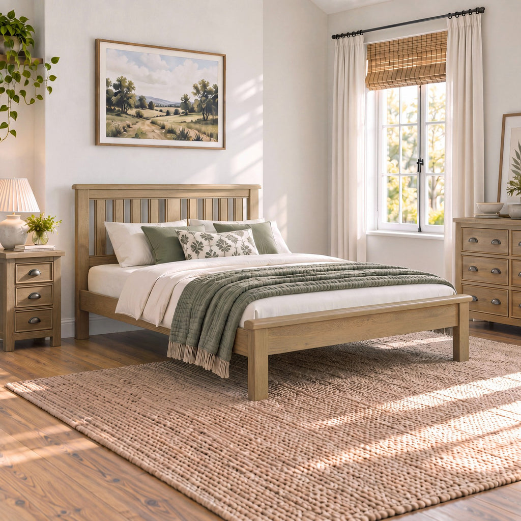 Modern wooden bedframe with slatted headboard.
