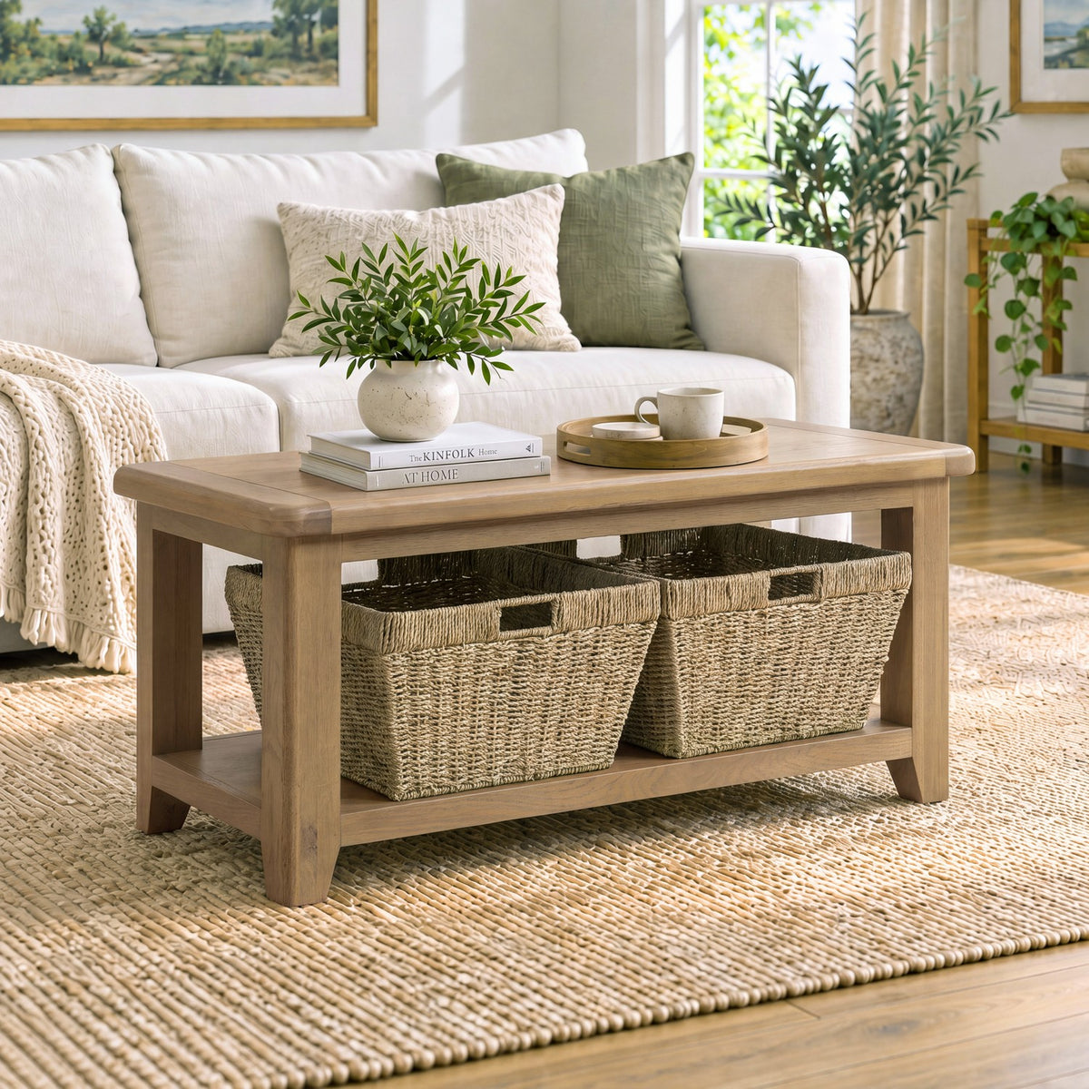 A light oak wood coffee table with two woven storage baskets underneath, styled in a bright, modern living room next to a white sofa.