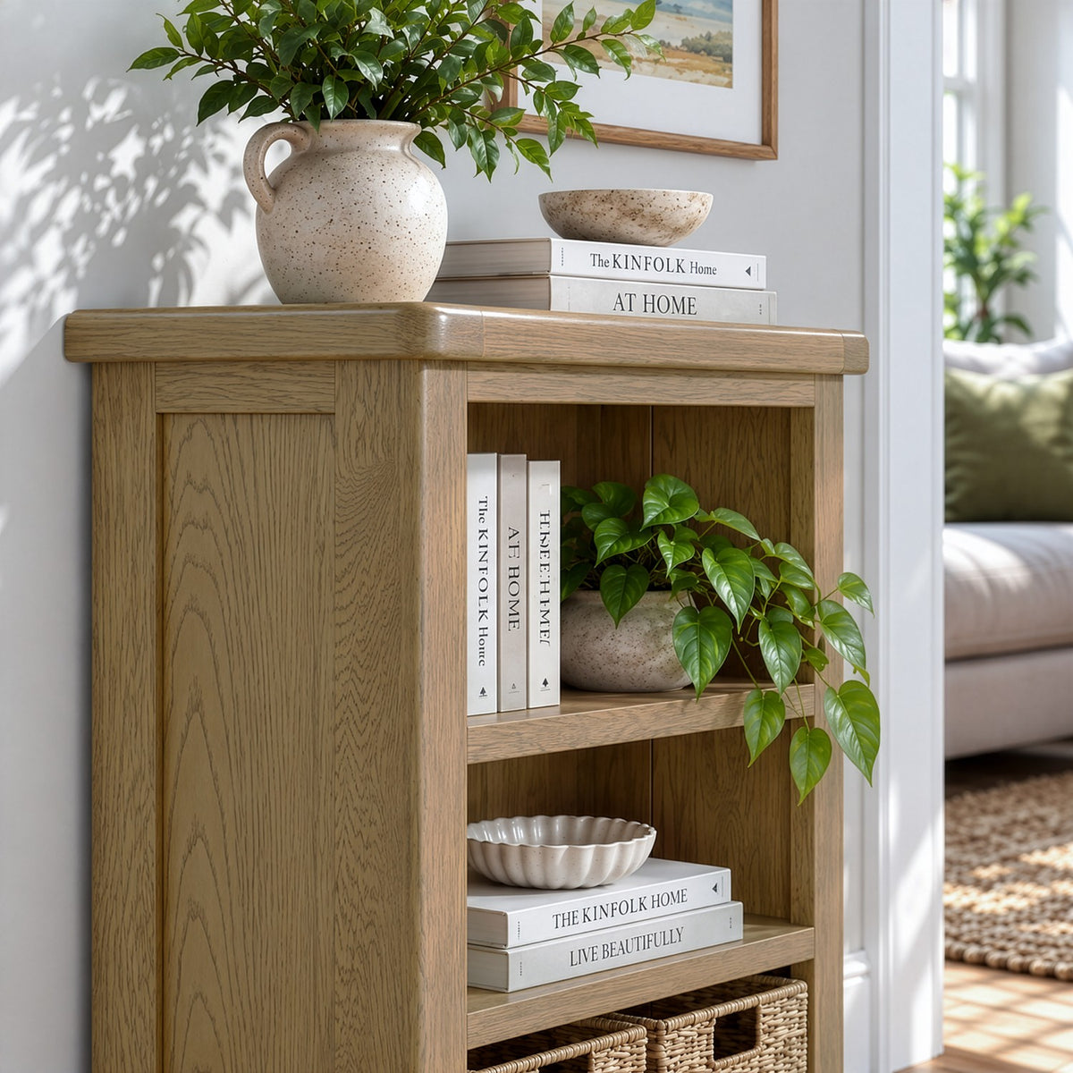 Bridport Low Wide Bookcase with Baskets