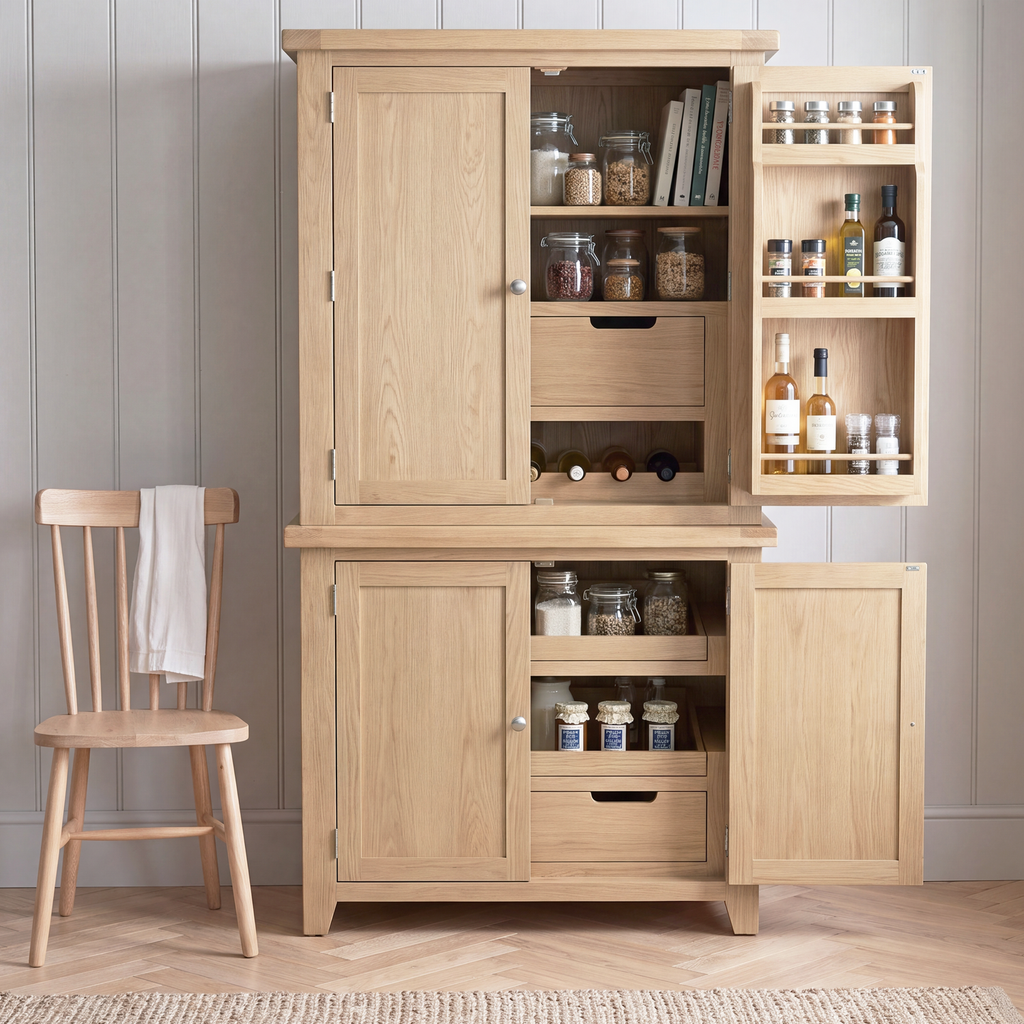 A tall light oak wood hutch cabinet with multiple doors and shelves, shown open to display storage compartments filled with jars, bottles, and books. A matching wooden chair sits to the left against a paneled wall.