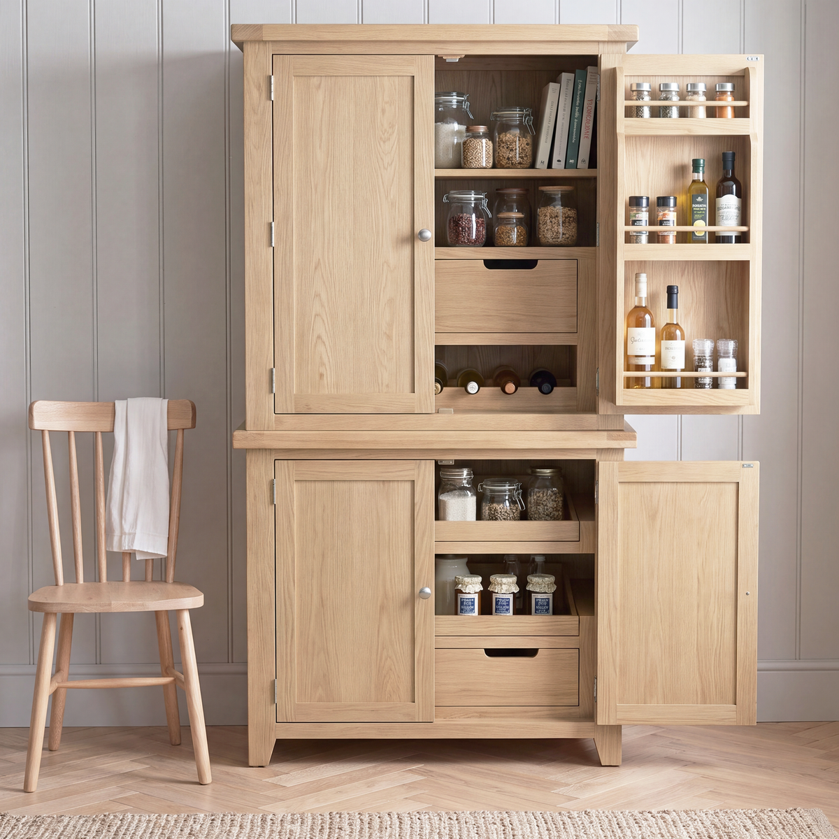A tall light oak wood hutch cabinet with multiple doors and shelves, shown open to display storage compartments filled with jars, bottles, and books. A matching wooden chair sits to the left against a paneled wall.