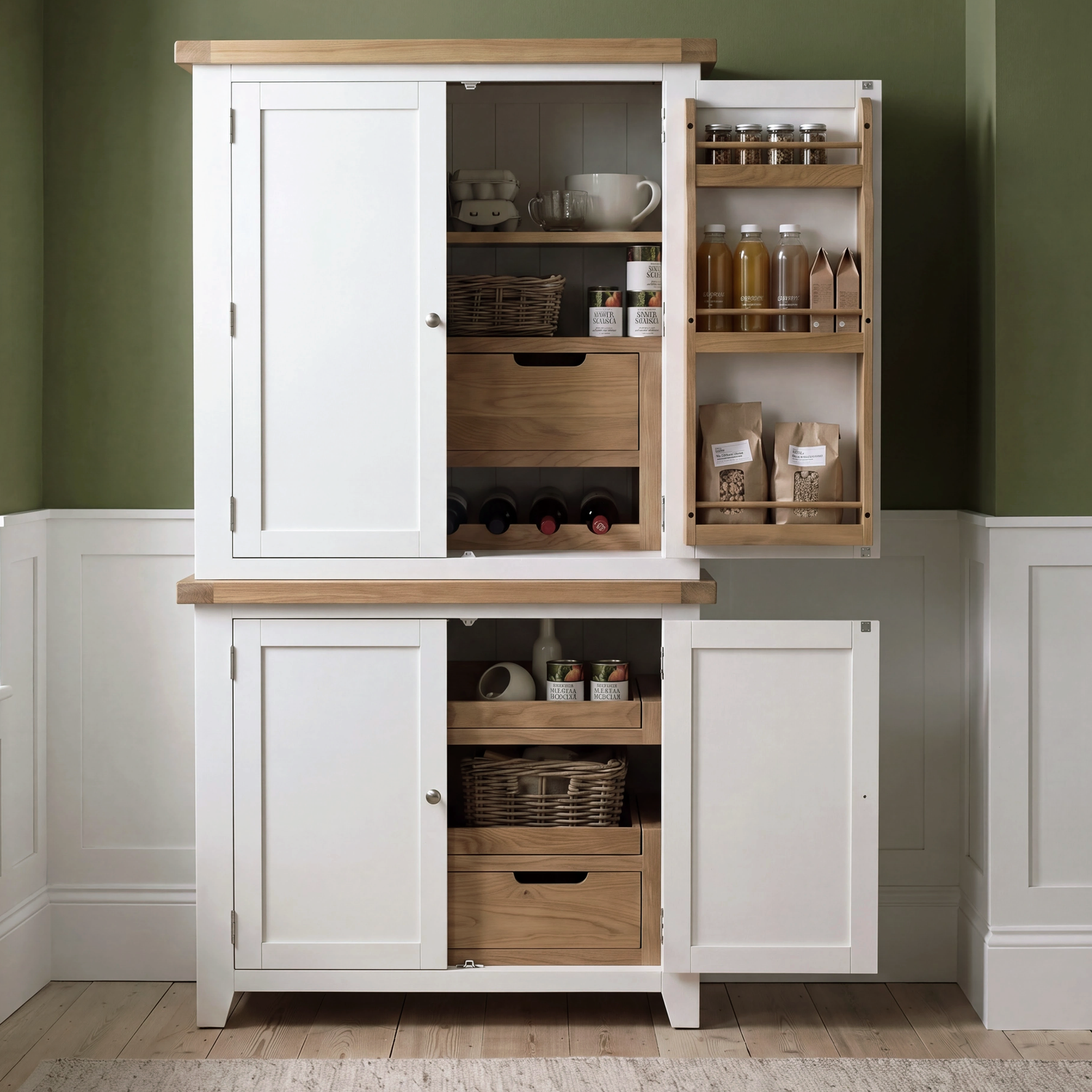 A white and light wood kitchen pantry cabinet shown in a styled room with green walls and white wainscoting. The upper section has one door open to reveal shelves with bottles, jars, and baskets, while the lower section has both doors open to show drawers and storage compartments.