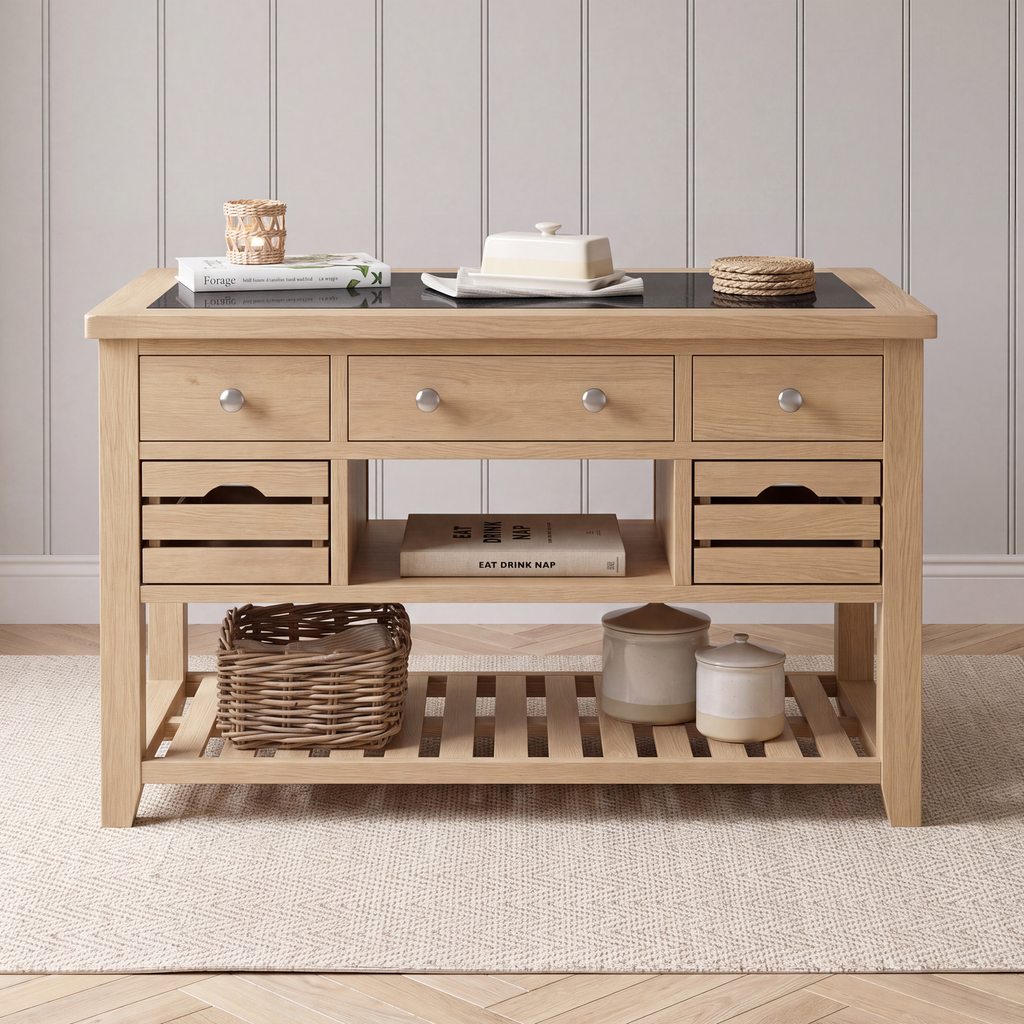 A light oak wood kitchen island with a black glass-top cooktop, three upper drawers, two lower storage drawers, open shelving, and decorative items on top and below, set against a paneled wall and light rug.