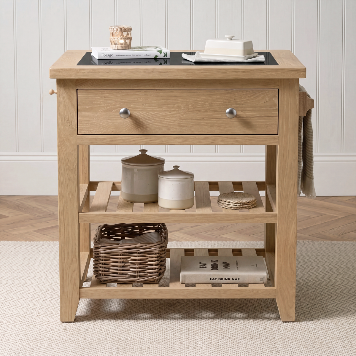 Small Oak Kitchen Island with 2 shelves and 1 drawer