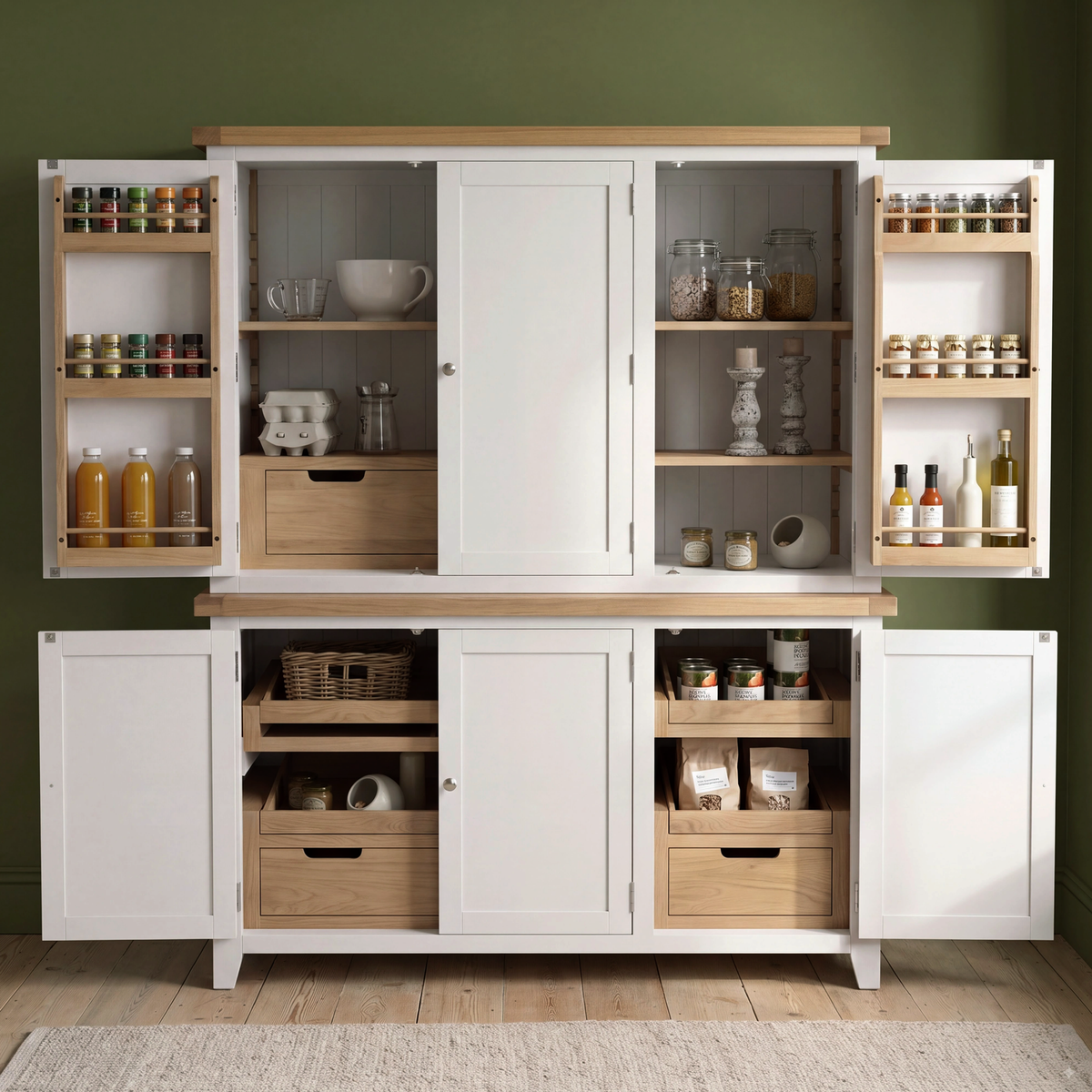 A large white and light wood kitchen pantry cabinet shown fully open, filled with jars, bottles, baskets, and decorative items, set against an olive green wall and wood floor.