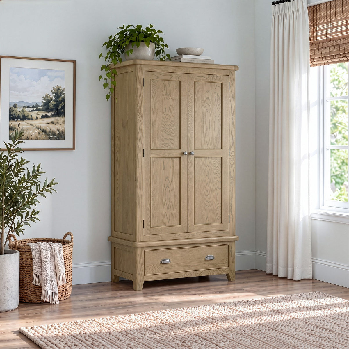 Oak 2 door wardrobe with 1 drawer.