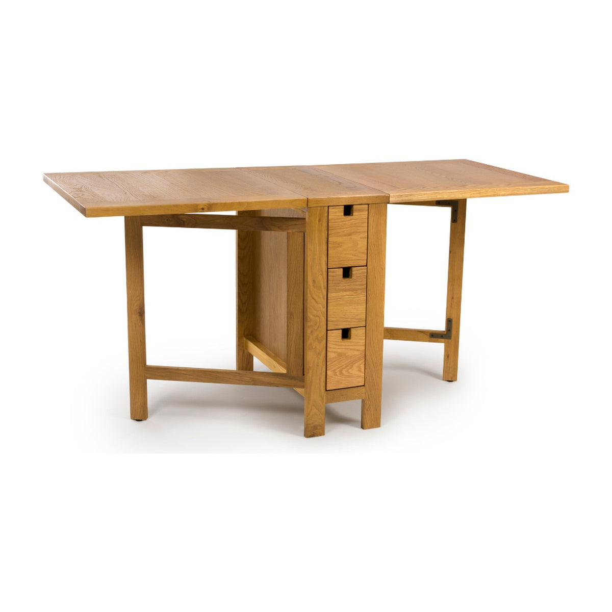 A light oak drop-leaf table with three drawers on the right side, shown on a clean white background.