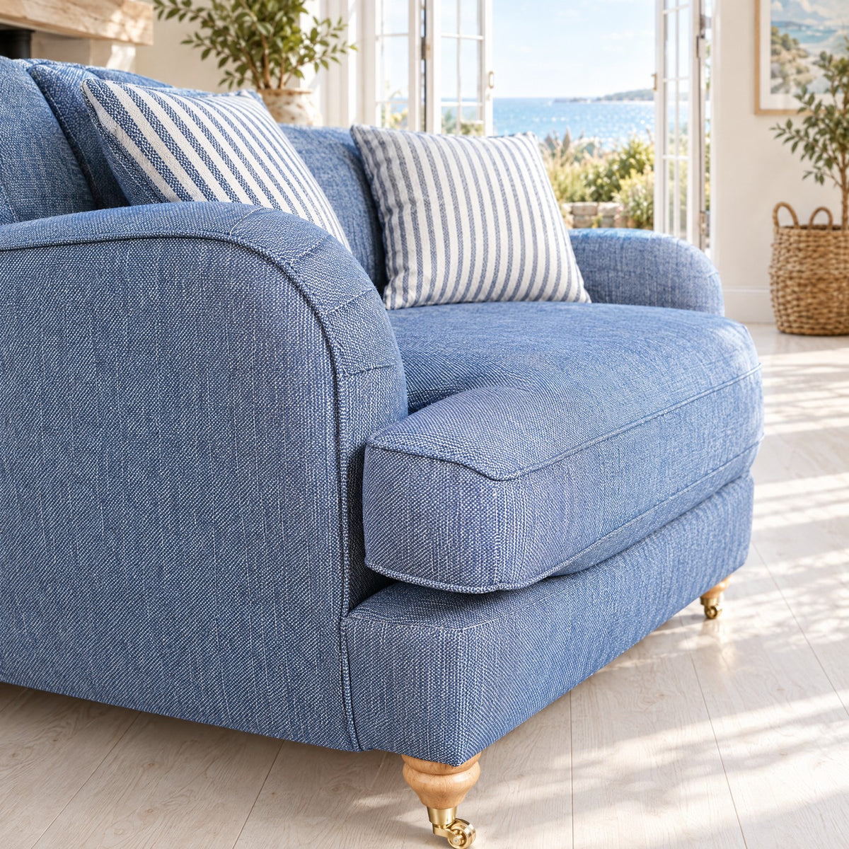 Eastbourne Snuggler in Navy with Navy Stripe Cushions