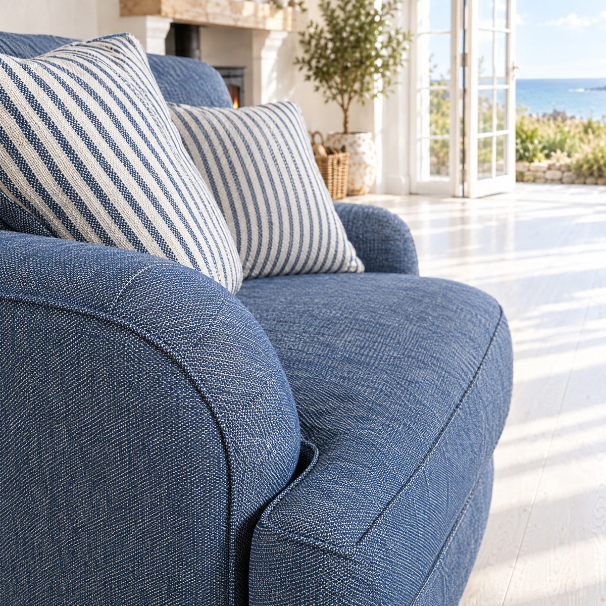 Eastbourne Snuggler in Navy with Navy Stripe Cushions