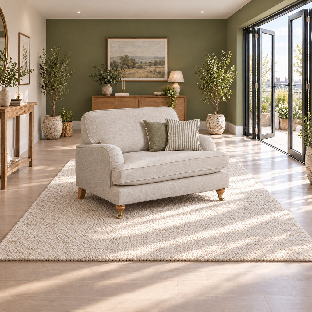 Eastbourne Snuggler in Natural with Olive Stripe Cushions