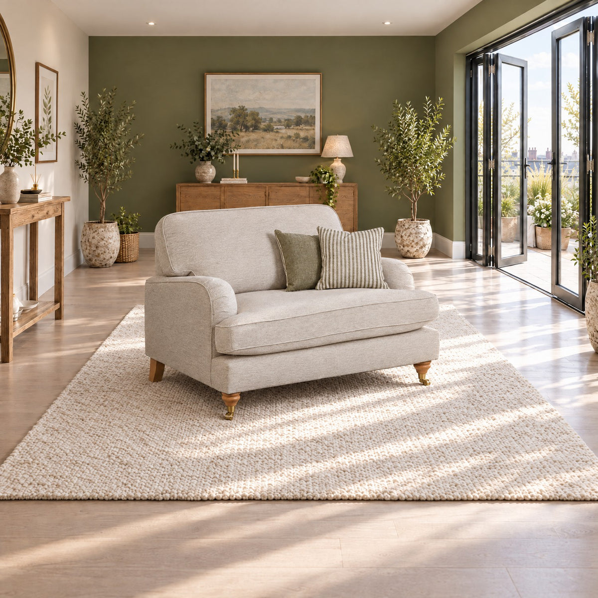 Eastbourne Snuggler in Natural with Olive Stripe Cushions