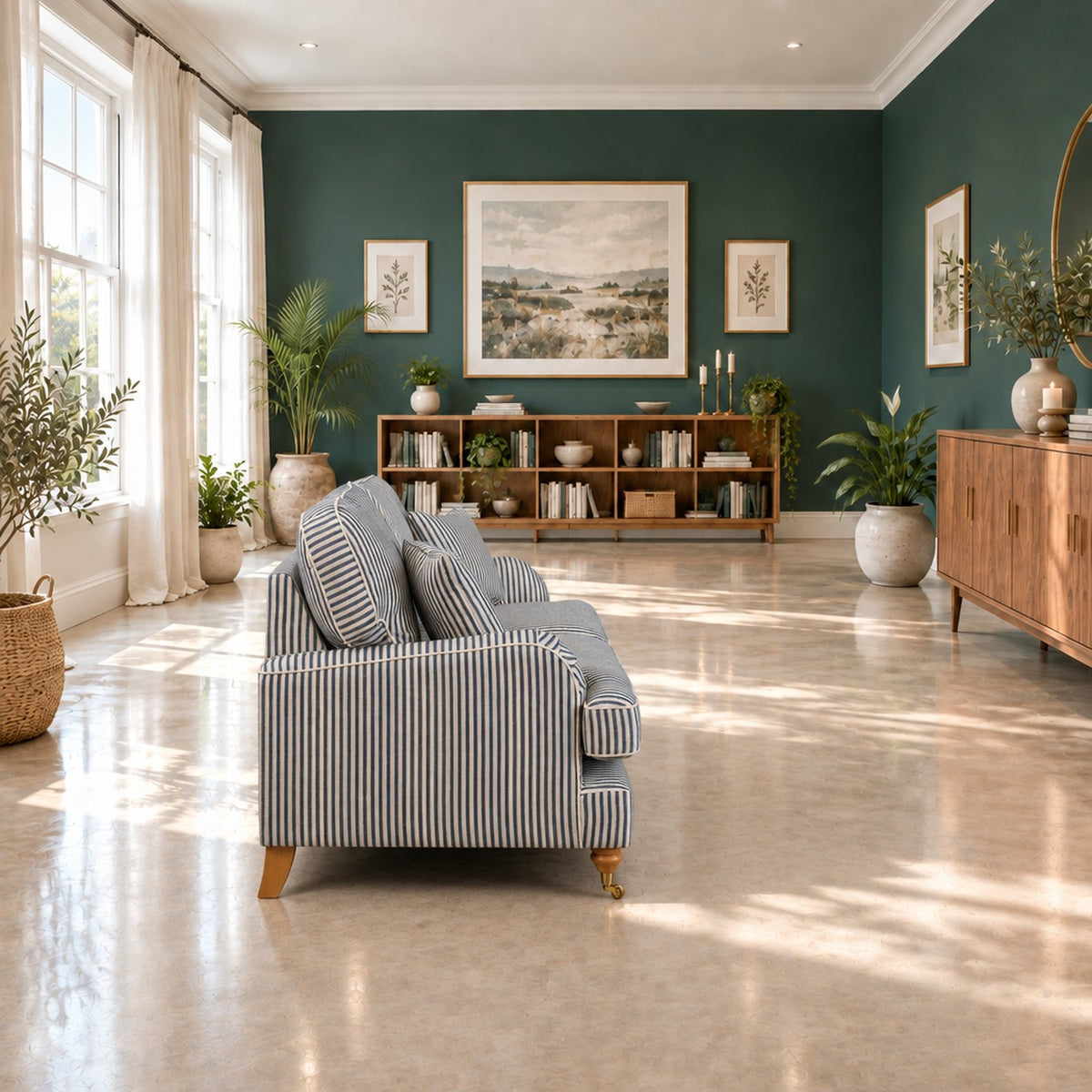 Eastbourne 3 Seater Sofa in Navy Stripe with Navy Stripe Cushions