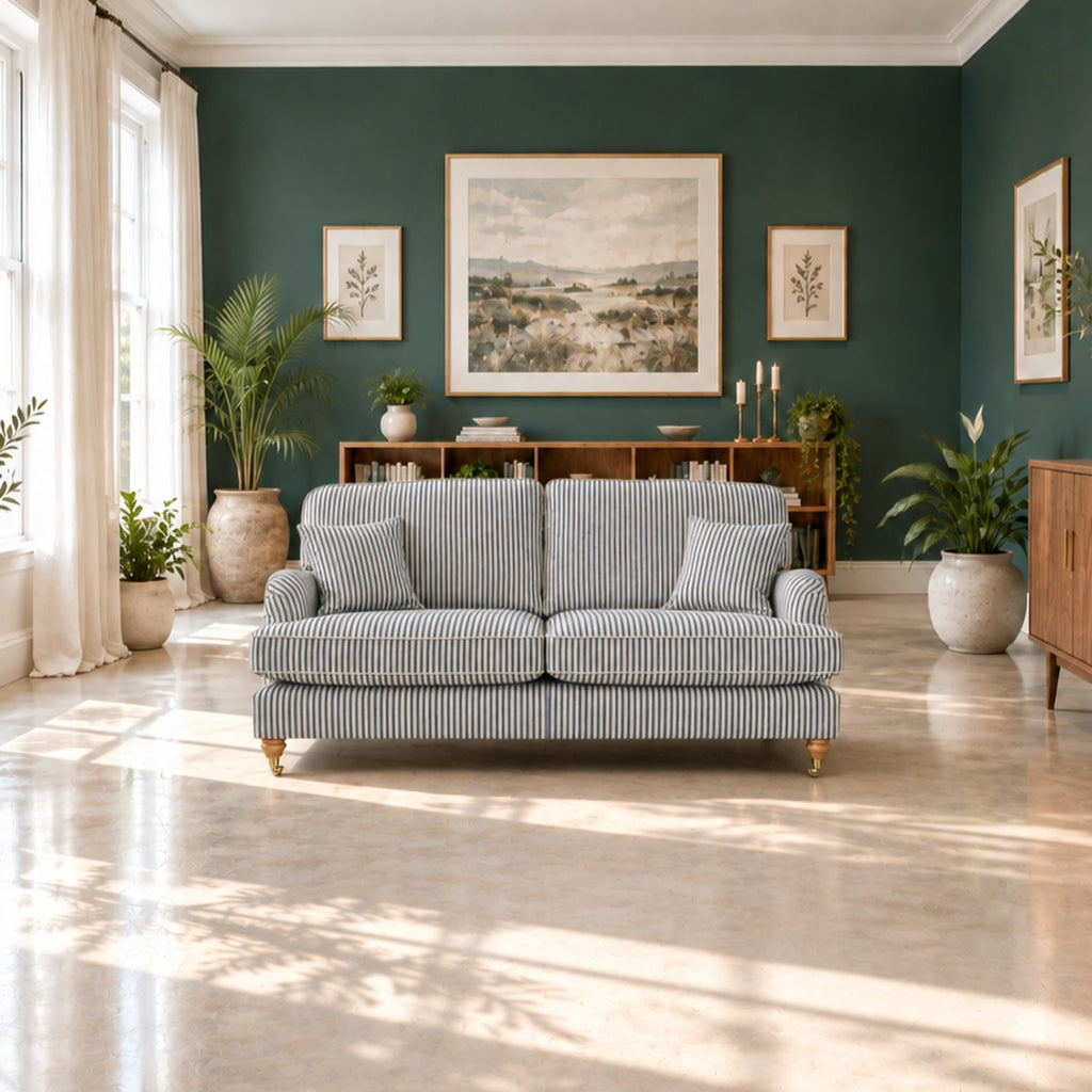 Eastbourne 3 Seater Sofa in Navy Stripe with Navy Stripe Cushions