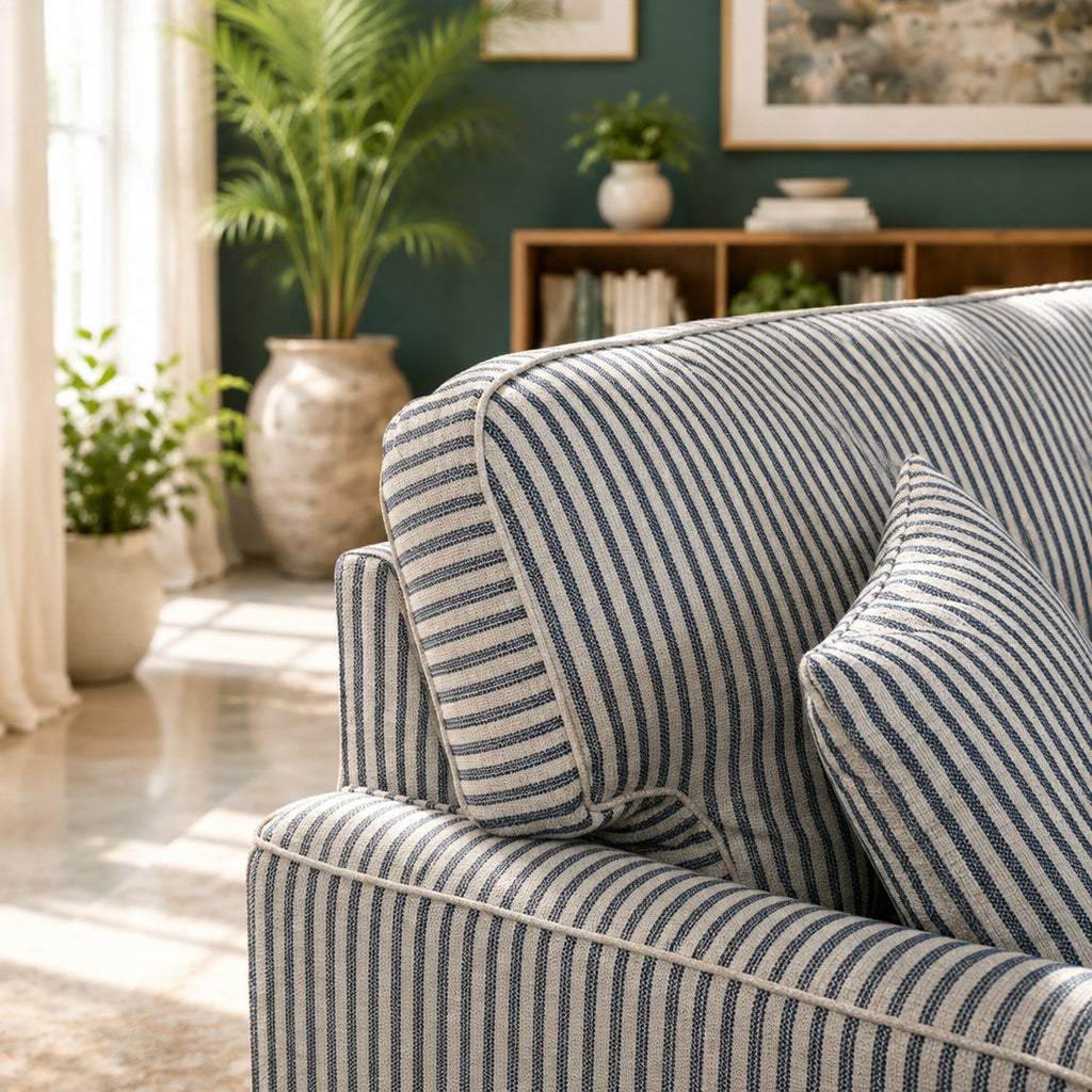 Eastbourne 3 Seater Sofa in Navy Stripe with Navy Stripe Cushions