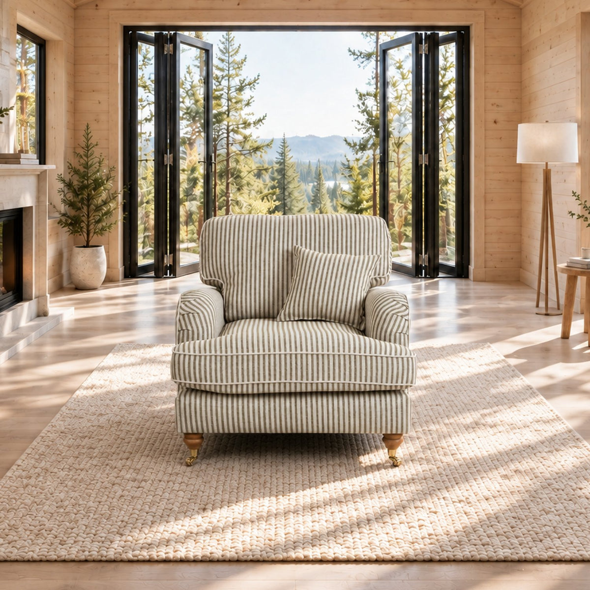 Eastbourne Armchair in Olive Stripe with Olive Stripe Cushion