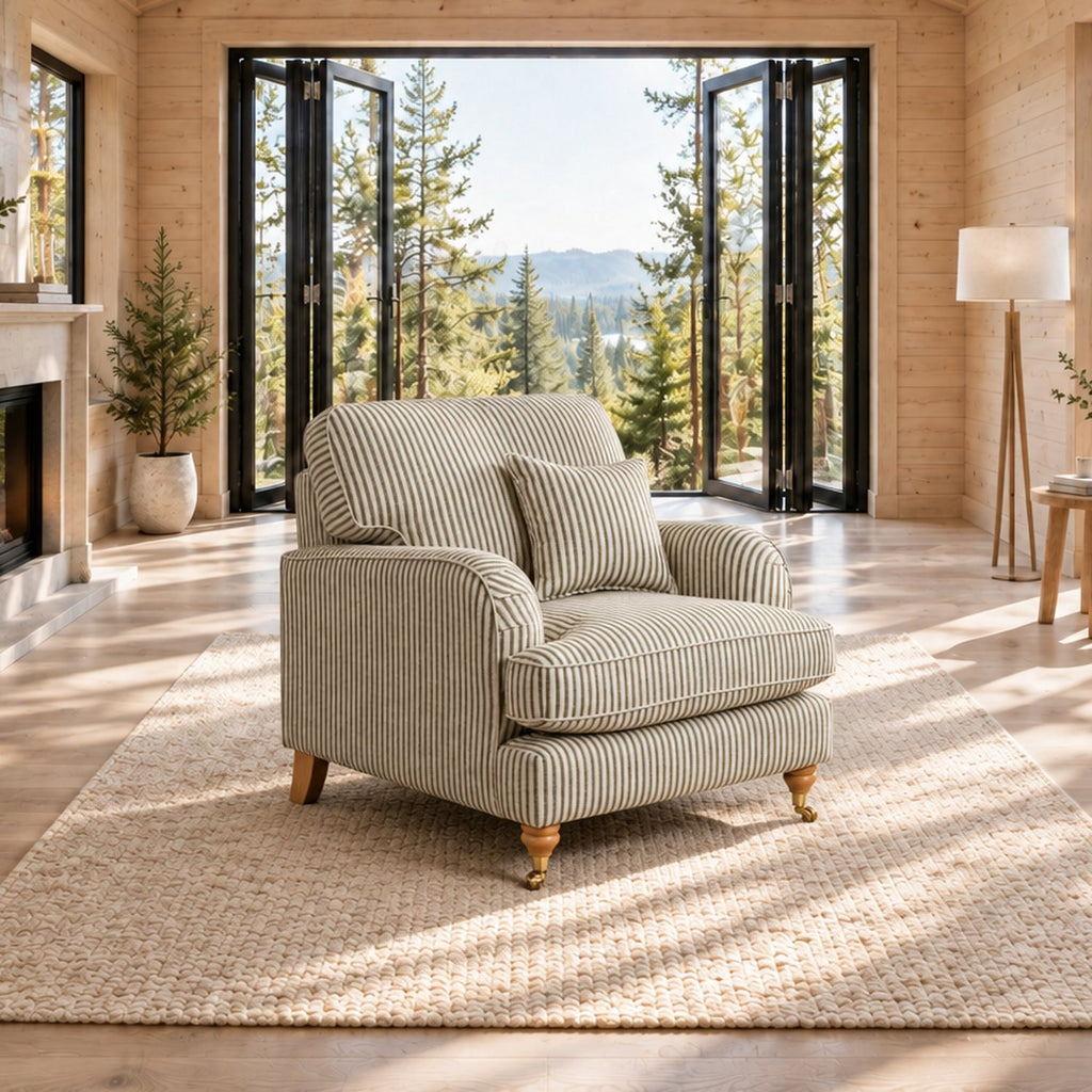 Eastbourne Armchair in Olive Stripe with Olive Stripe Cushion
