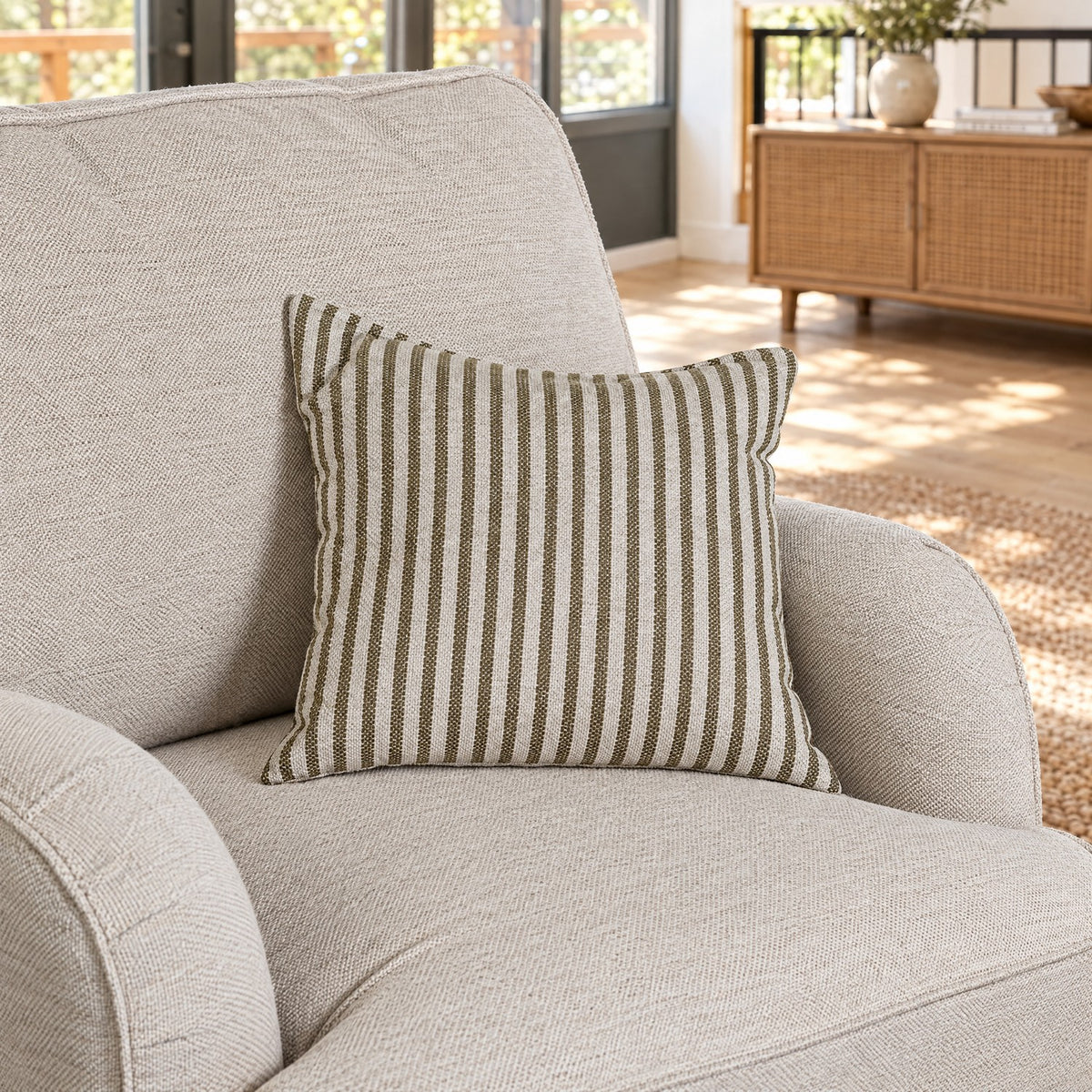 Eastbourne Armchair in Natural with Olive Stripe Cushion