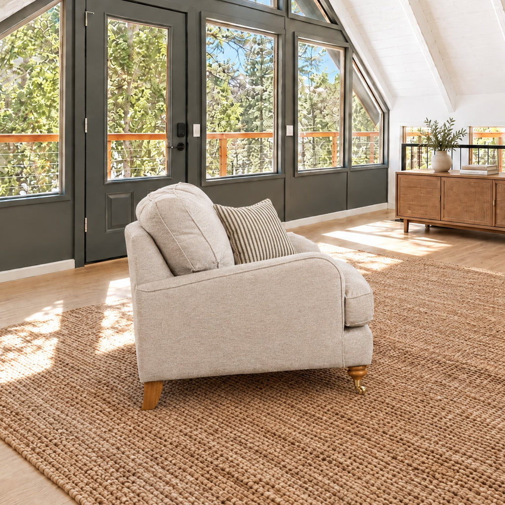 Eastbourne Armchair in Natural with Olive Stripe Cushion