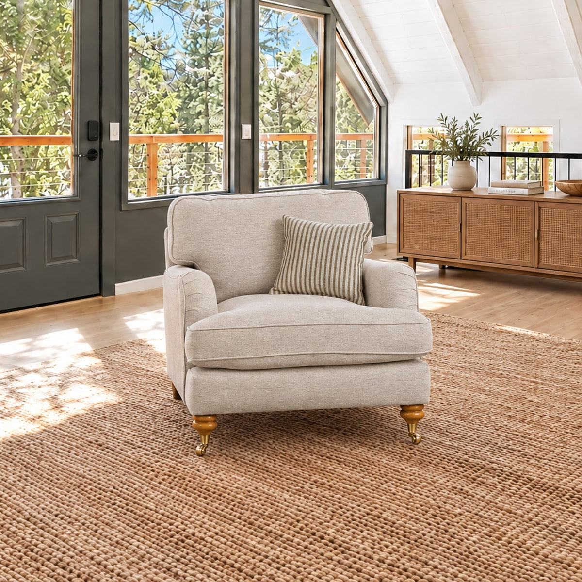 Eastbourne Armchair in Natural with Olive Stripe Cushion