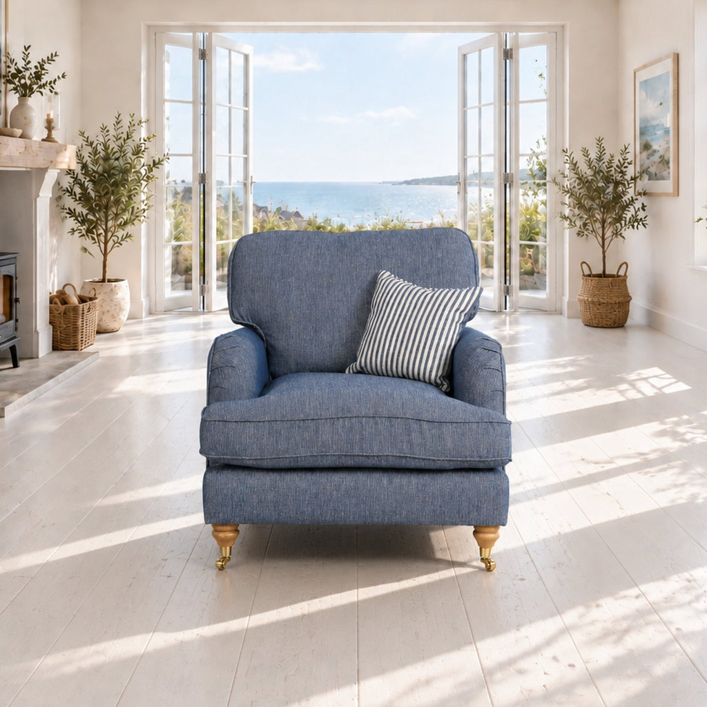 Eastbourne Armchair in Navy with Navy Stripe Cushion