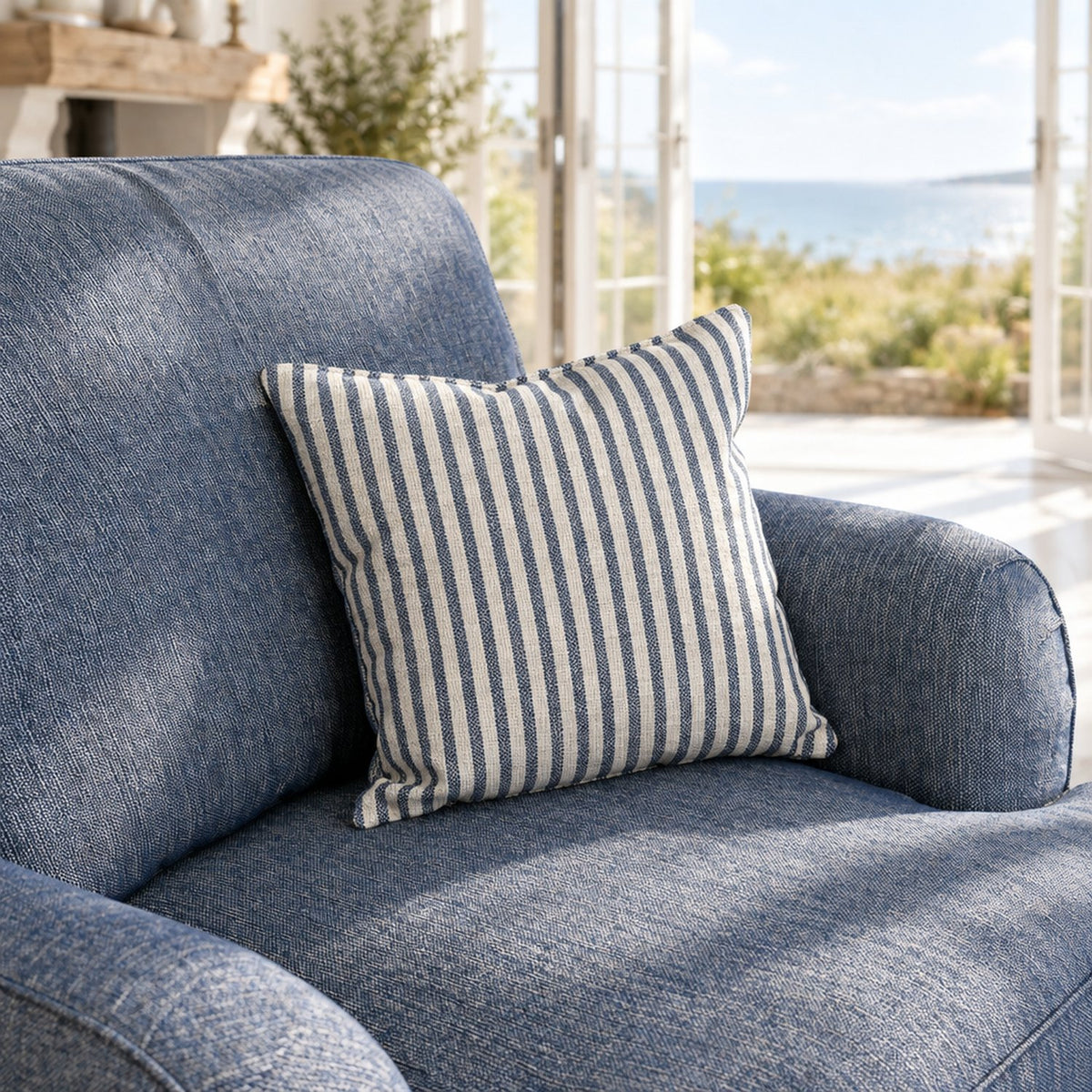 Eastbourne Armchair in Navy with Navy Stripe Cushion