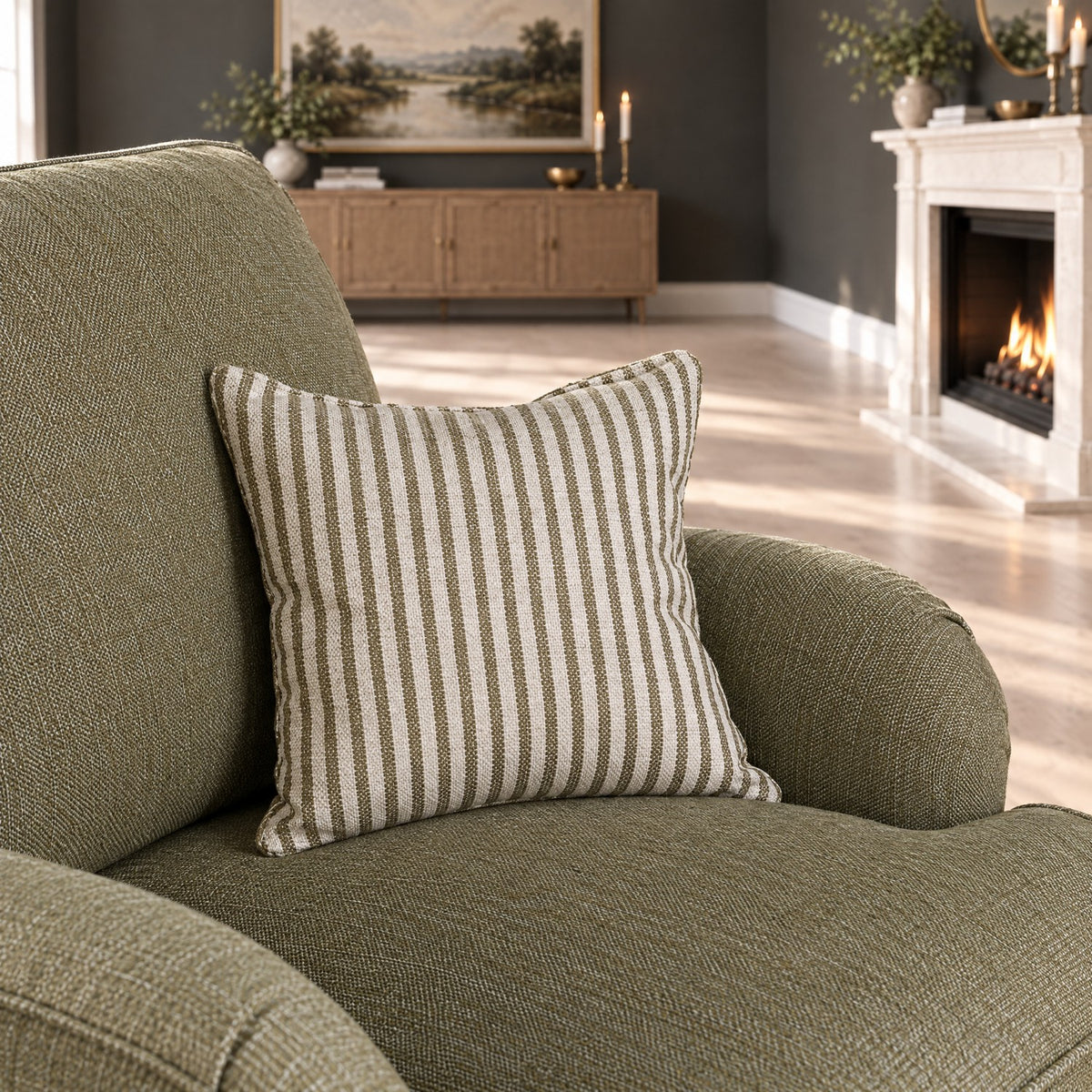 Eastbourne Armchair in Olive with Olive Stripe Cushion