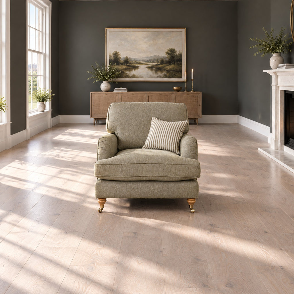 Eastbourne Armchair in Olive with Olive Stripe Cushion