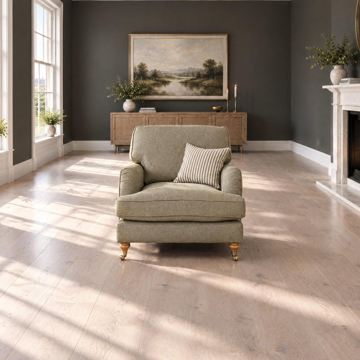 Eastbourne Armchair in Olive with Olive Stripe Cushion