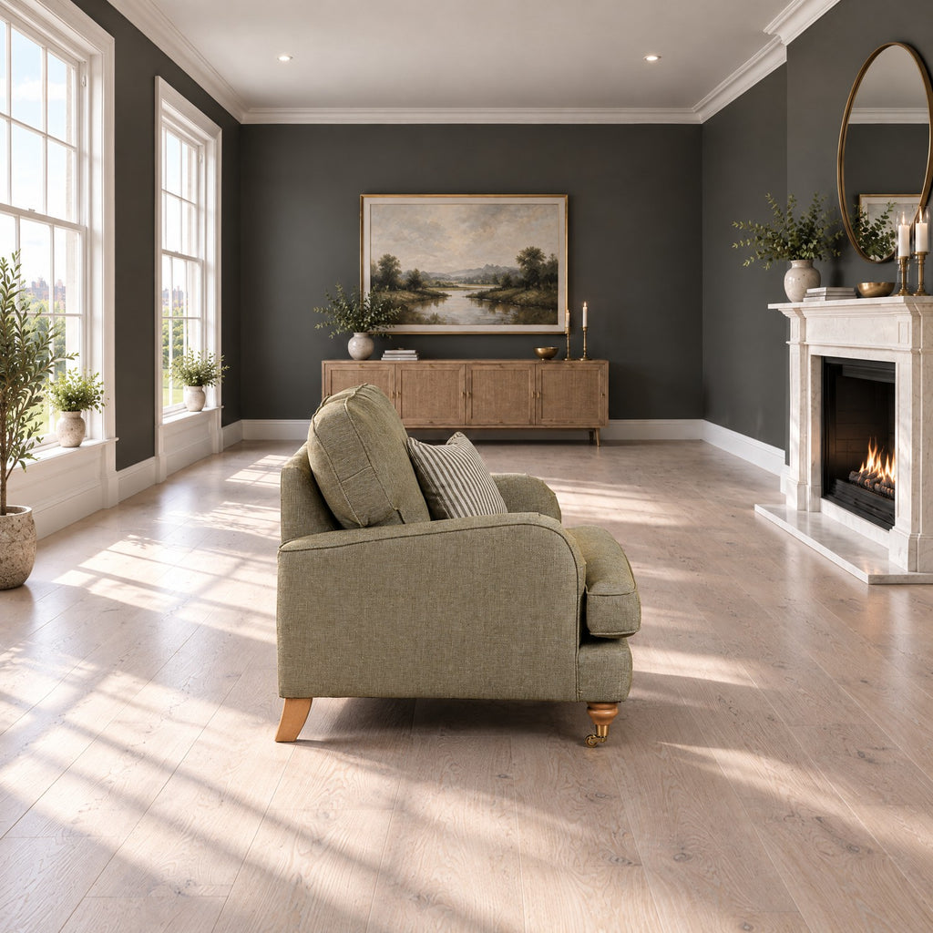 Eastbourne Armchair in Olive with Olive Stripe Cushion