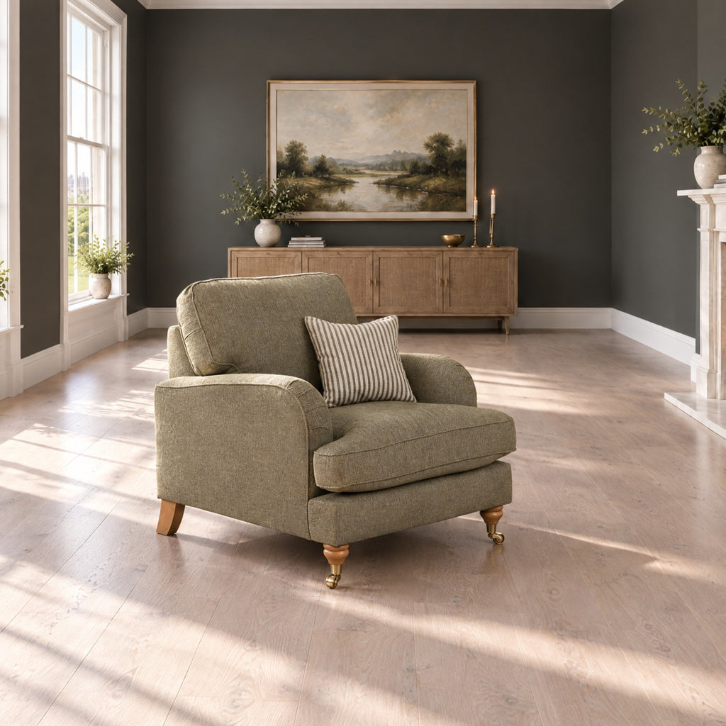Eastbourne Armchair in Olive with Olive Stripe Cushion