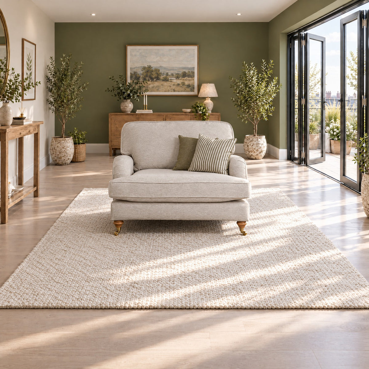 Eastbourne Snuggler in Natural with Olive Stripe Cushions