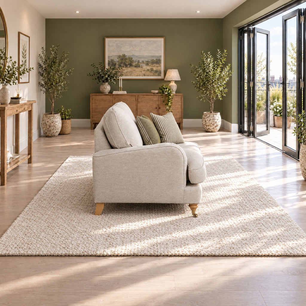 Eastbourne Snuggler in Natural with Olive Stripe Cushions
