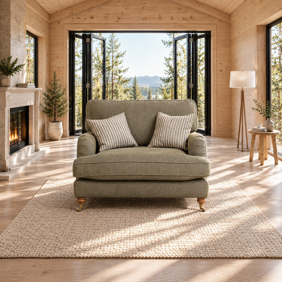 Eastbourne Snuggler in Olive with Olive Stripe Cushions