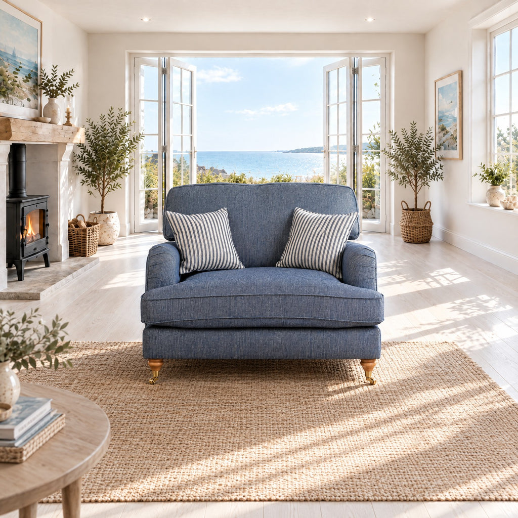 Eastbourne Snuggler in Navy with Navy Stripe Cushions