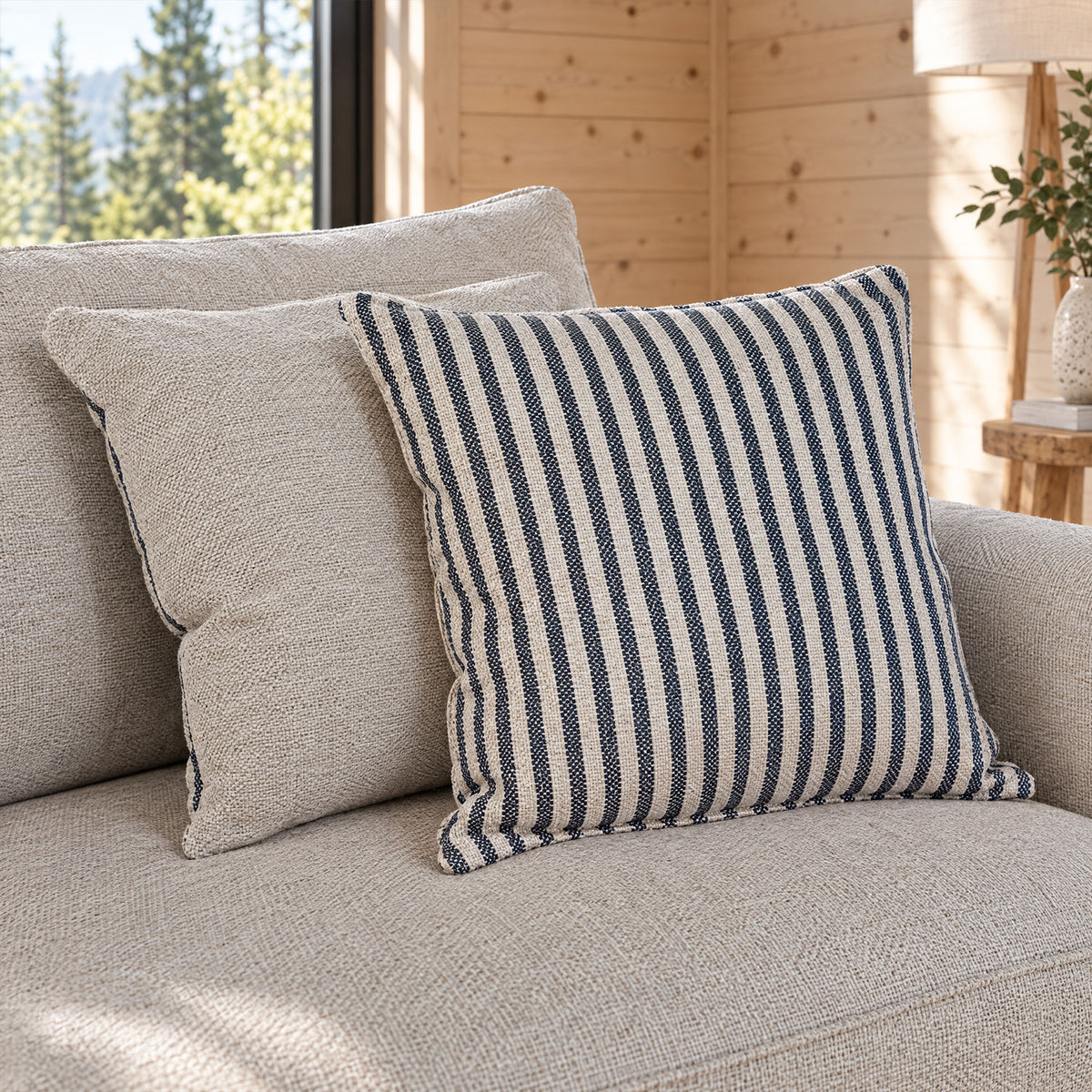 Eastbourne Snuggler in Natural with Navy Stripe Cushions